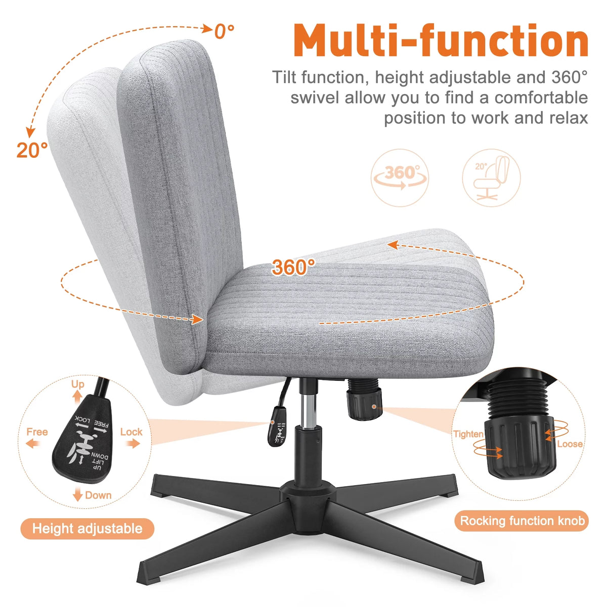 Cross Legged Armless Swivel Adjustable Fabric Office Chair P27574