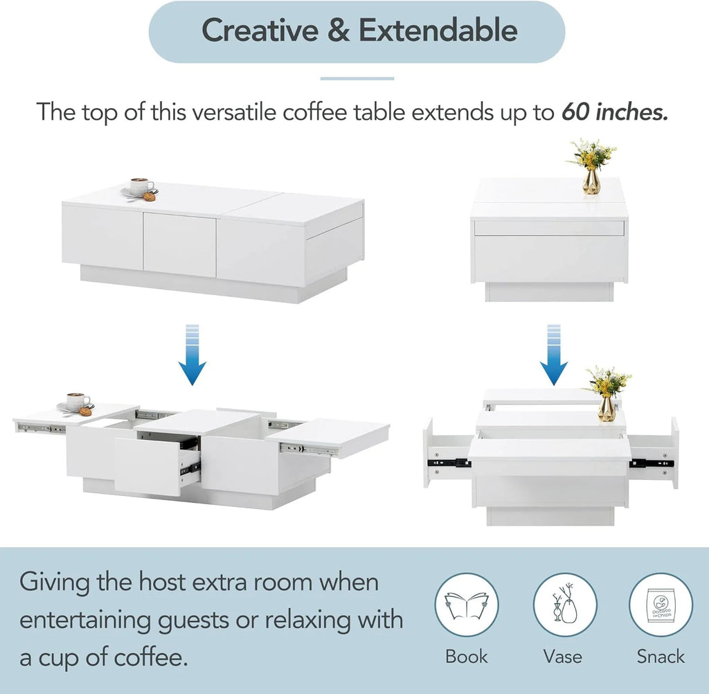 Extendable Coffee Table with 2 Drawers and Sliding Top, 39.3" White Z877461