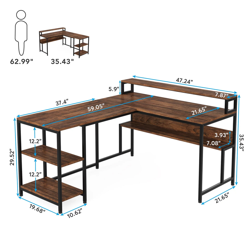 59 Inch Reversible L Shaped Corner Computer Desk with Storage Shelves L700120