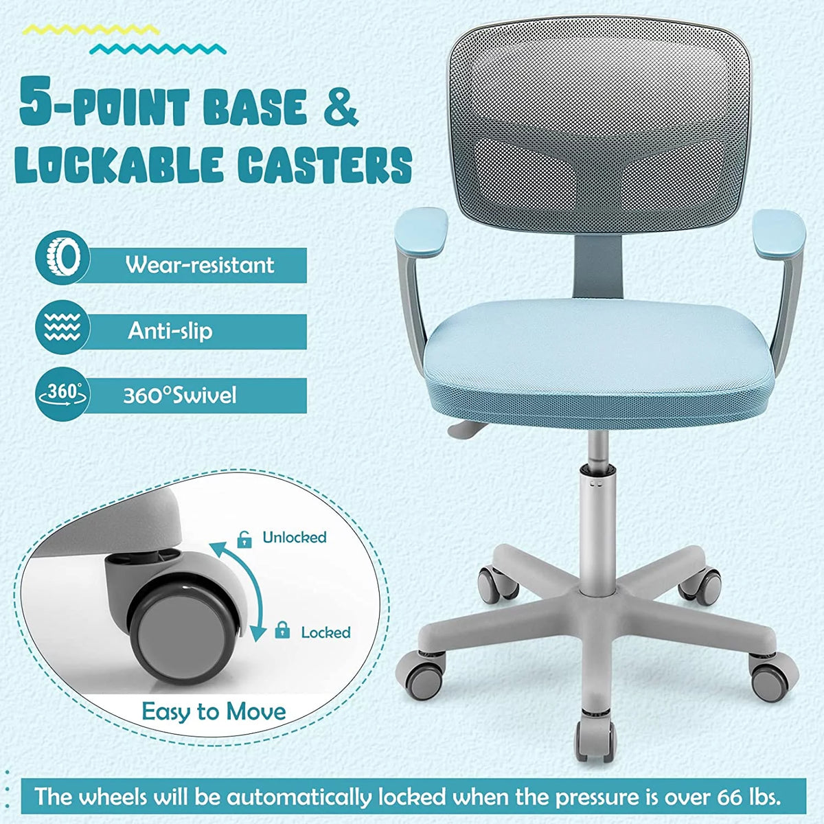Blue Height Adjustable Swivel Mesh Kids Desk Chair T4963