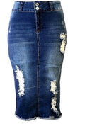 Plus Size Midi Ripped Denim Jean Skirt O248432