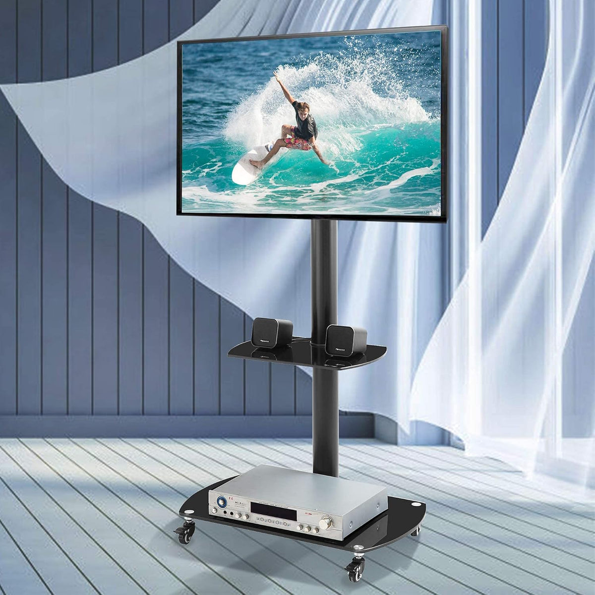 Mobile TV Cart with Wheels for 32-65 Inch, Height and Angle Adjustable Tempered Glass Metal Frame H721