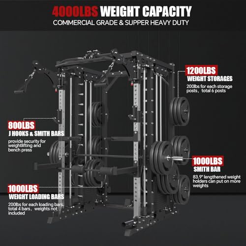 Commercial Smithe Machine with 308lb Dual Weight Stacks, Power Cage Squat Rack with Lever Arm & Leg Press, Cable Crossover Machine B221728