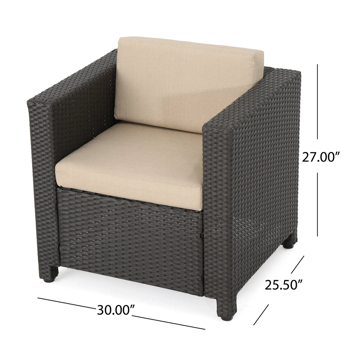 Outdoor Wicker Club Chair with Cushions, Dark Brown, Beige O302229