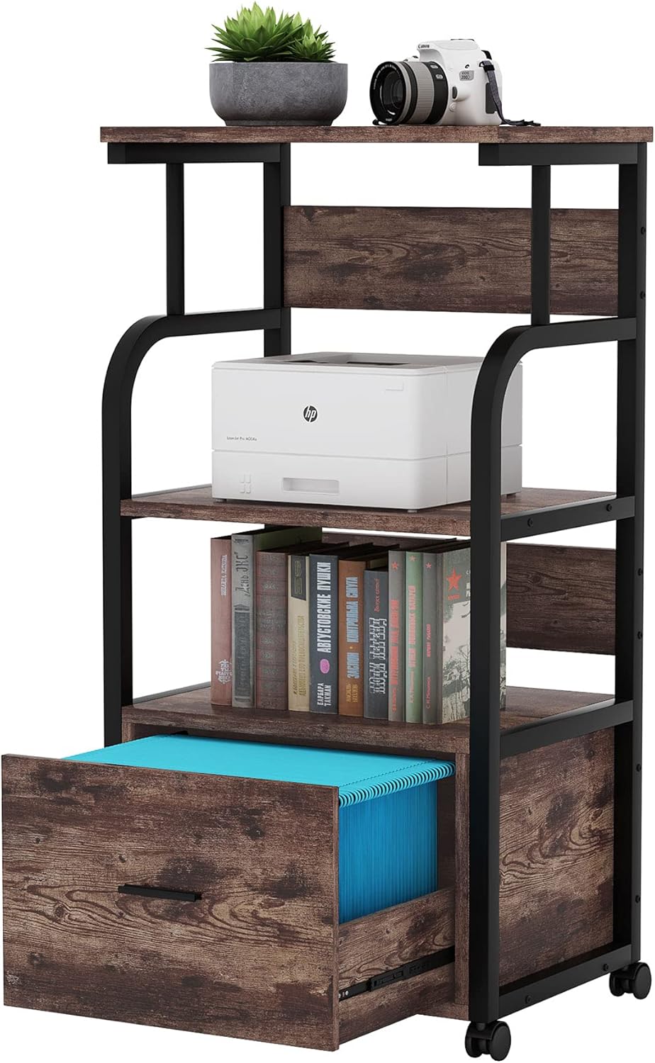 Mobile File Cabinet with Printer Shelf, 3 Tier Printer Stand with Legal Size Drawer, Rolling Filing Cabinet Printer Cart with Storage Shelves E669865