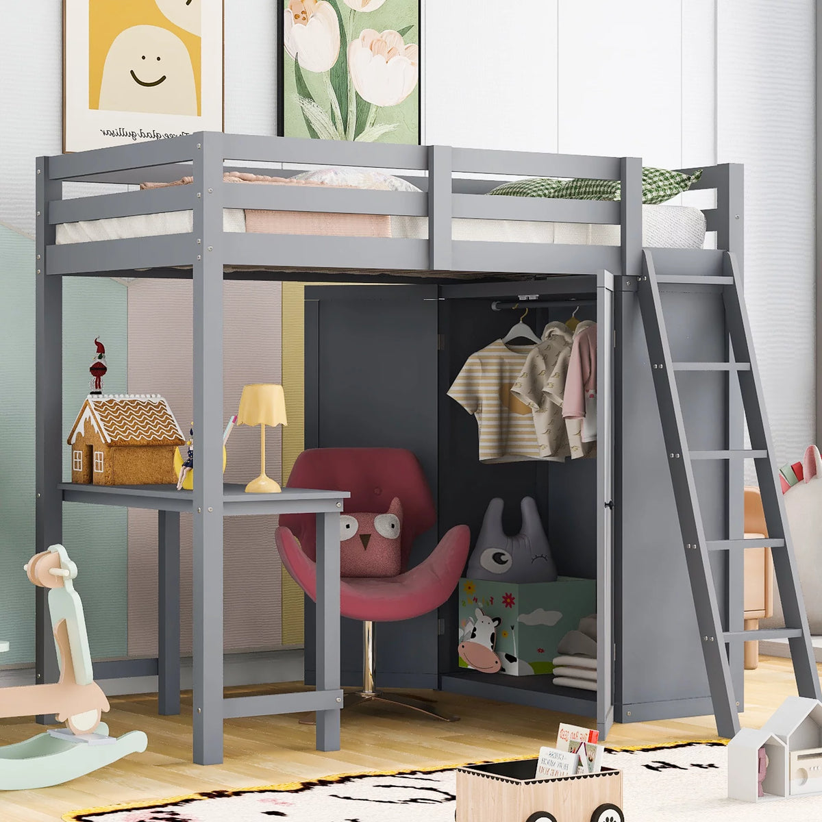 Twin Size Loft Bed with Wardrobe and Desk U847382