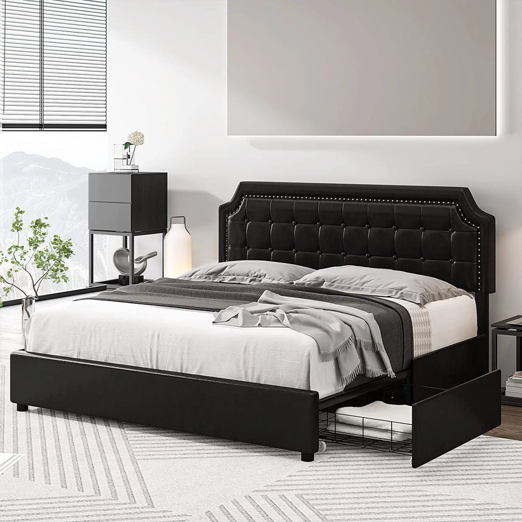 Black Upholstered Queen Bed Frame with 4 Storage Drawers P582