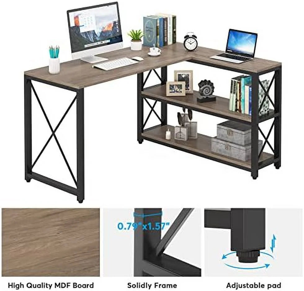 Reversible L-Shaped Corner Computer Desk with Shelves Y2426