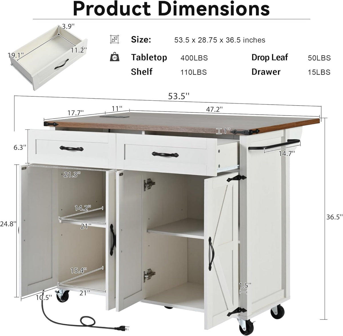 White Kitchen Island with Power Outlet, Drop Leaf and Spice Rack J506