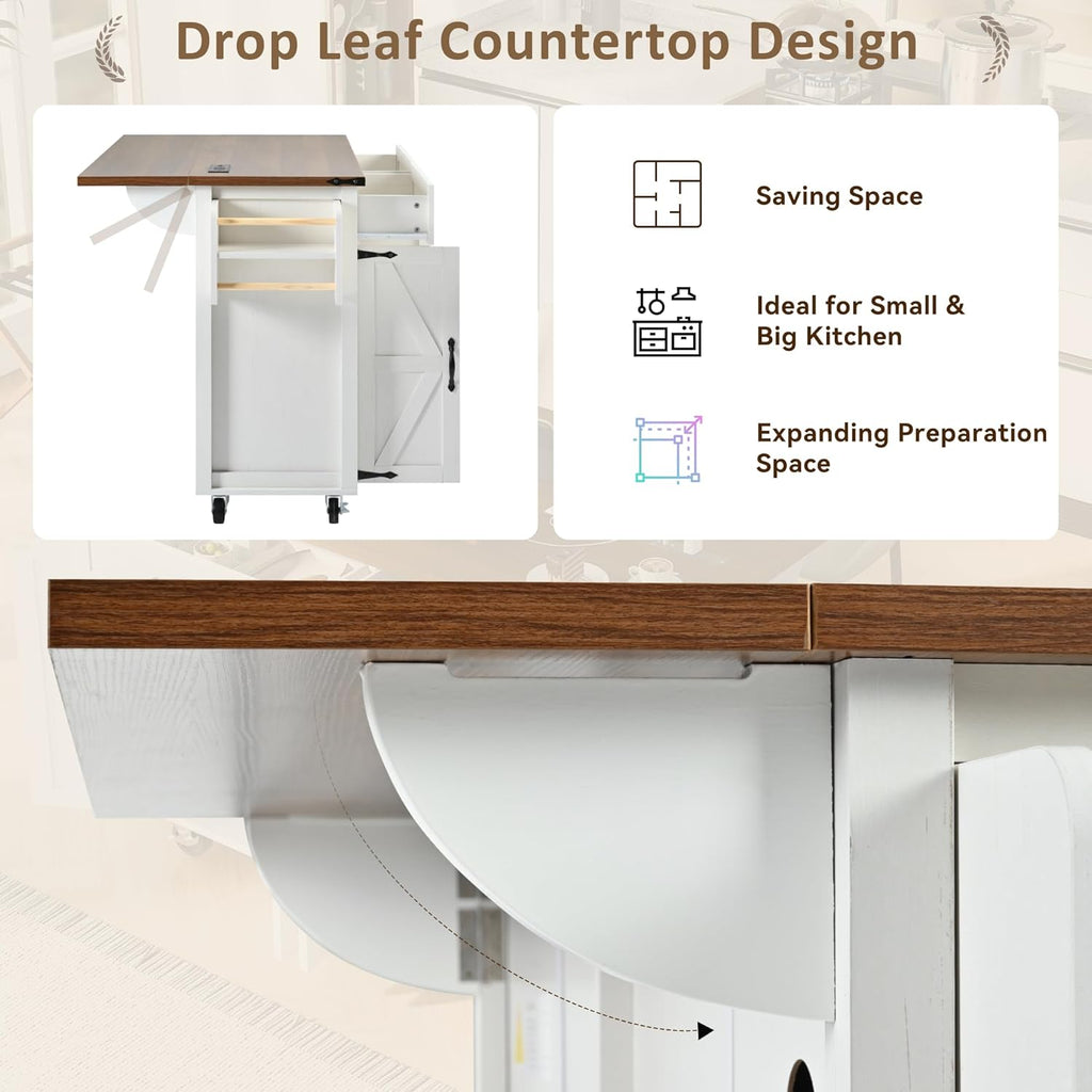 White Kitchen Island with Power Outlet, Drop Leaf and Spice Rack J506