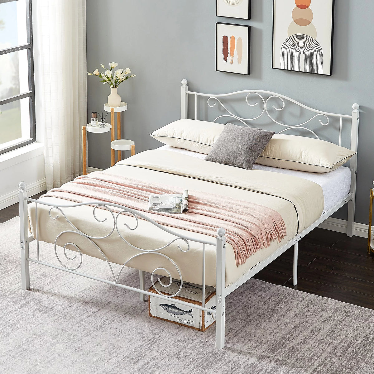 Metal Platform Bed Frame with Victorian Headboard and Footboard, Full Size, Black F463613