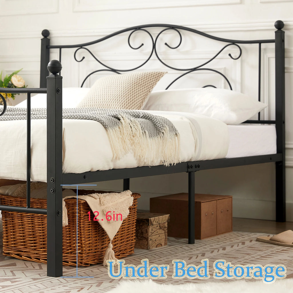 Metal Platform Bed Frame with Victorian Headboard and Footboard, Full Size, Black F463613