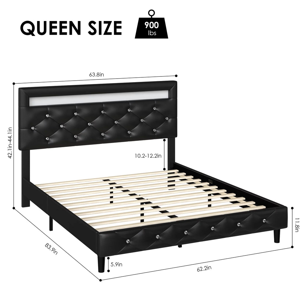Queen Size LED Upholstered Platform Bed Frame with Adjustable Headboard Q166