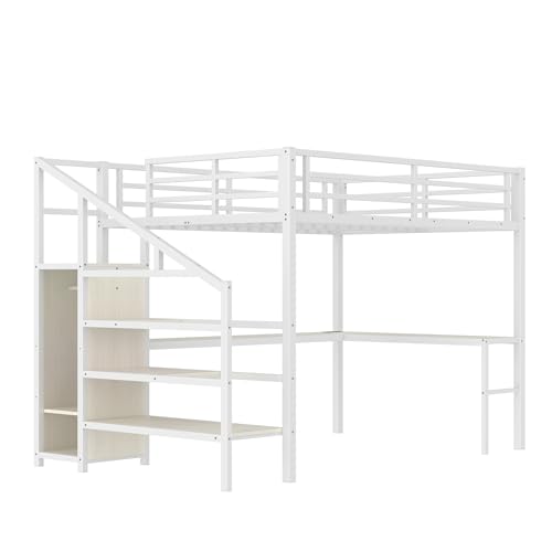 Queen Size White Wood Grain Metal Loft Bed with Desk and Wardrobe L486