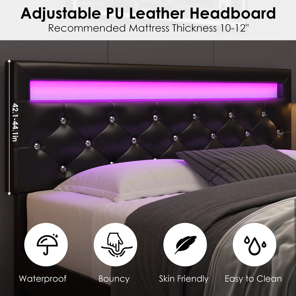 Queen Size LED Upholstered Platform Bed Frame with Adjustable Headboard Q166