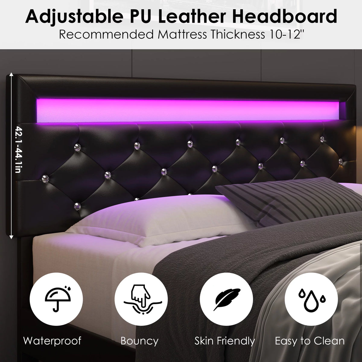 Queen Size LED Upholstered Platform Bed Frame with Adjustable Headboard Q166