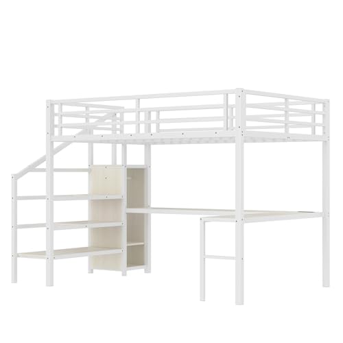 Queen Size White Wood Grain Metal Loft Bed with Desk and Wardrobe L486