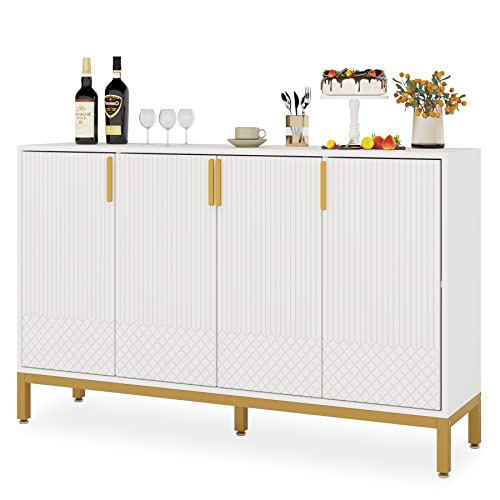 59 Inch White and Gold Buffet Cabinet with 4 Doors W7451