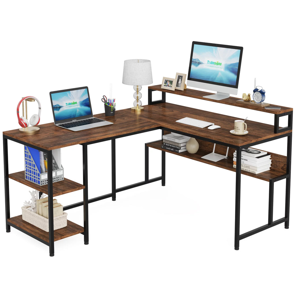 59 Inch Reversible L Shaped Corner Computer Desk with Storage Shelves L700120