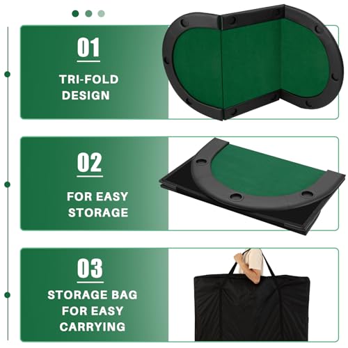 84" Tri Fold Folding Poker Padded Table Top with 10 Cupholders Green L615