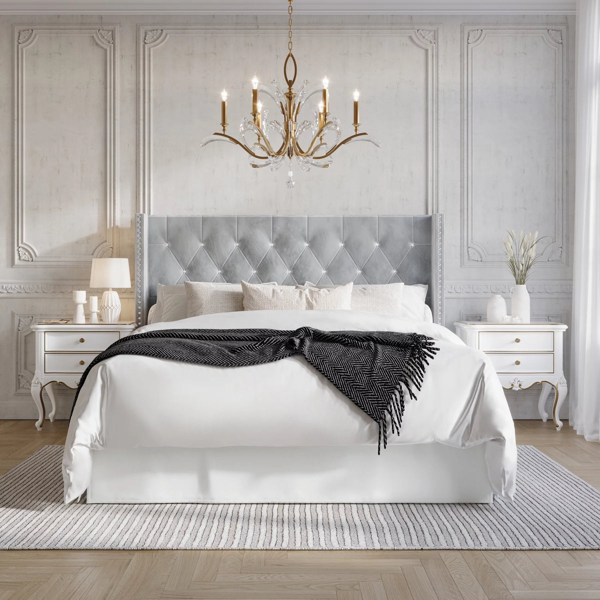 Button Tufted Wingback Velvet Upholstered Queen Bed O526472