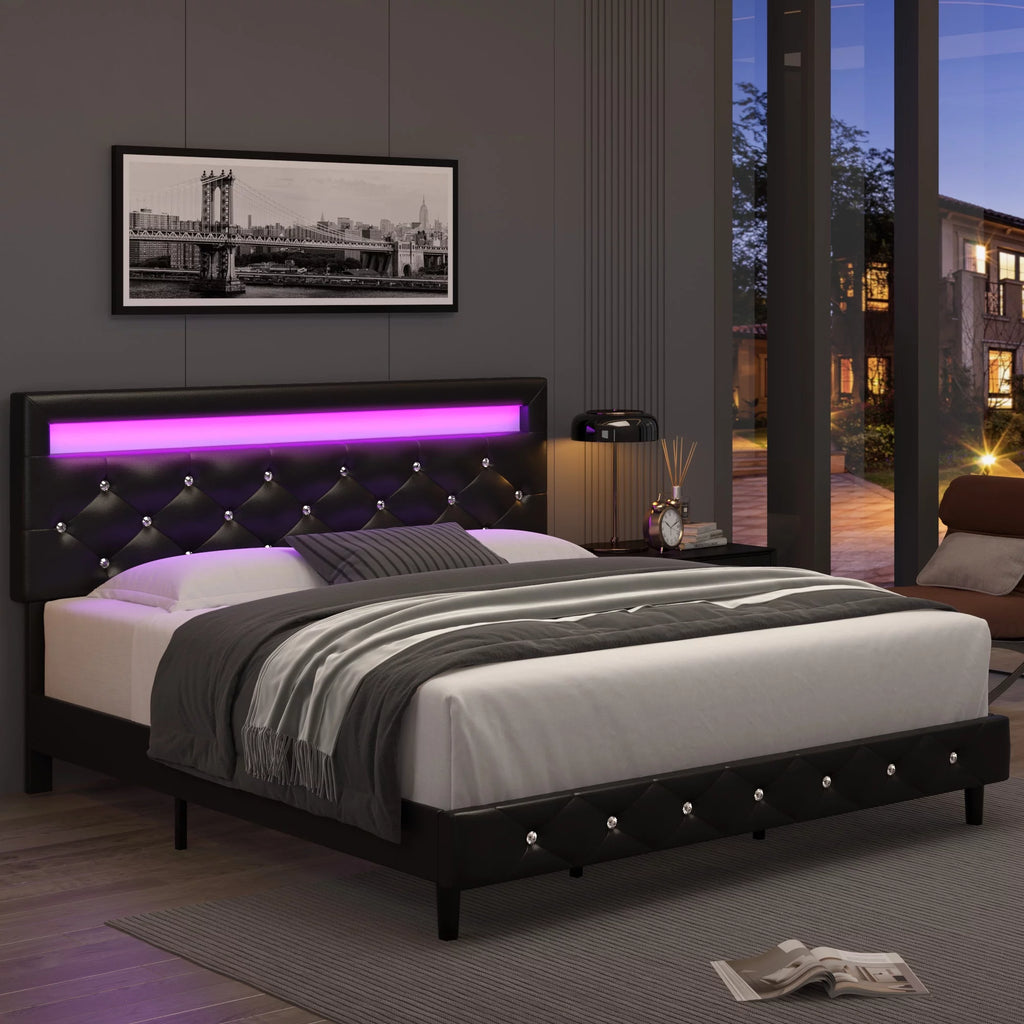 Queen Size LED Upholstered Platform Bed Frame with Adjustable Headboard Q166