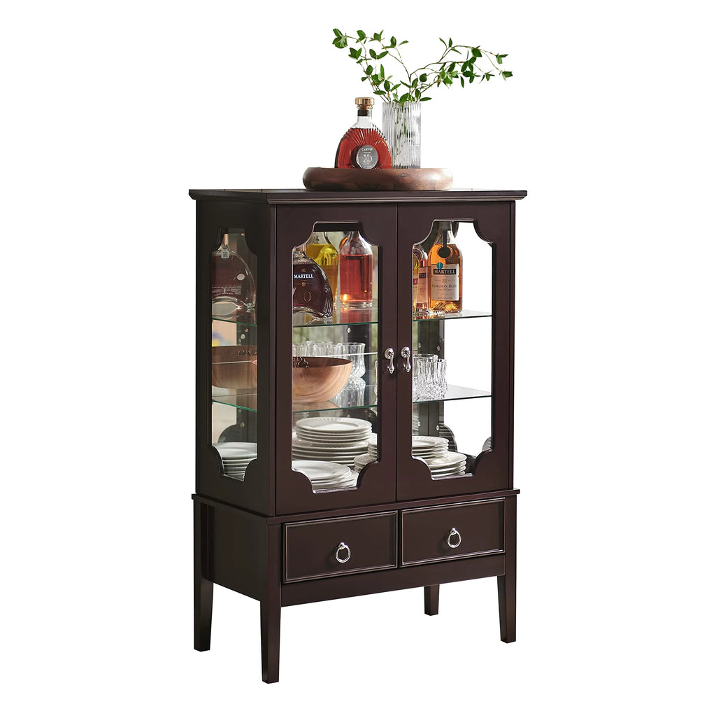 Wood Curio Display Storage Cabinet with 2 Glass Shelves & 2 Drawers D447