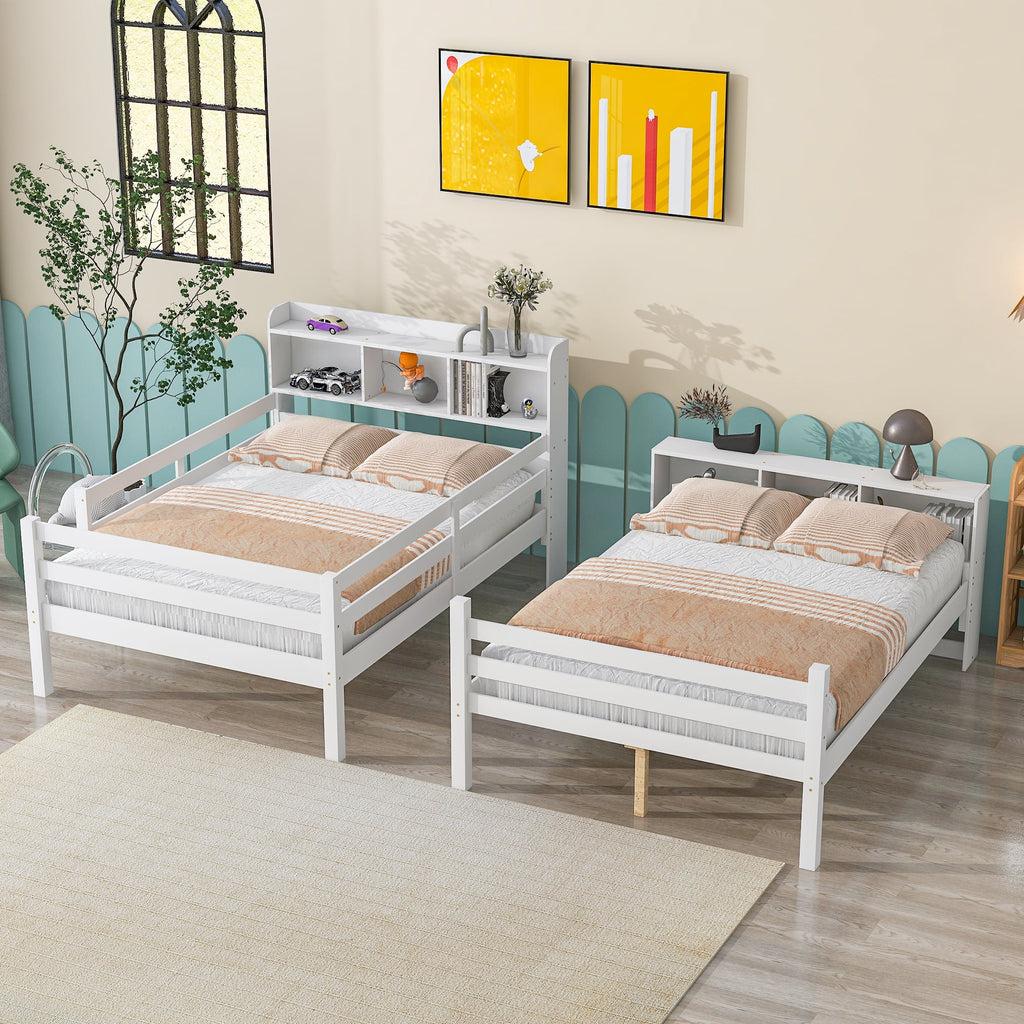 Full Over Full Bunk Beds with Bookcase Headboard Solid Wood Bed Frame with Safety Rail and Ladder White G3455