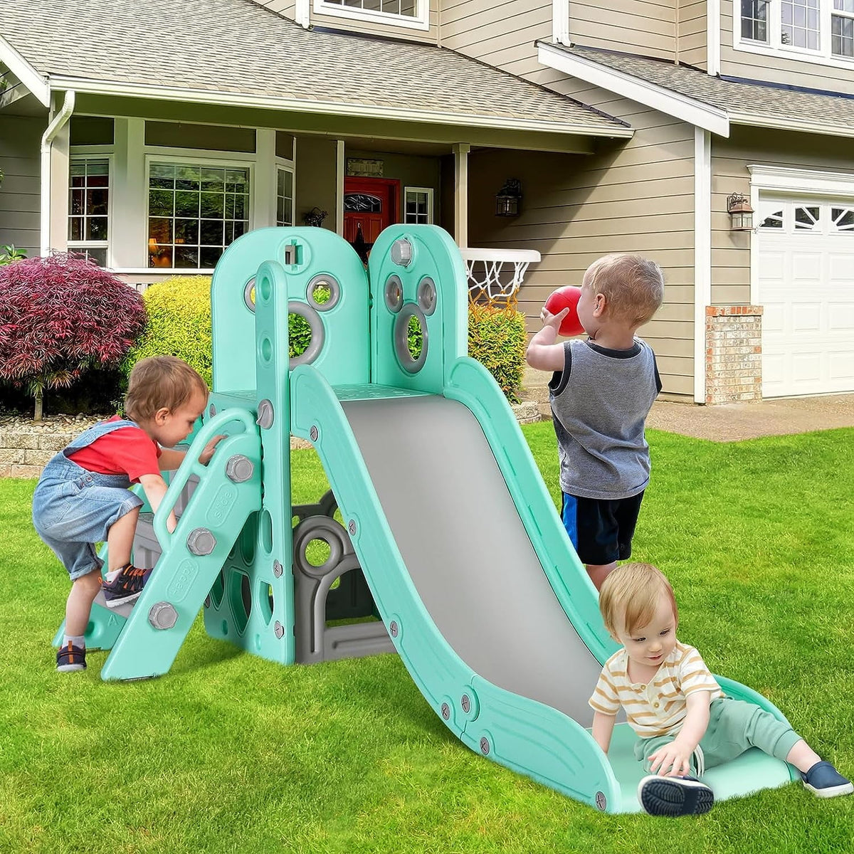 4 in 1 Toddler Slide and Climber Playset with Basketball Hoop B992