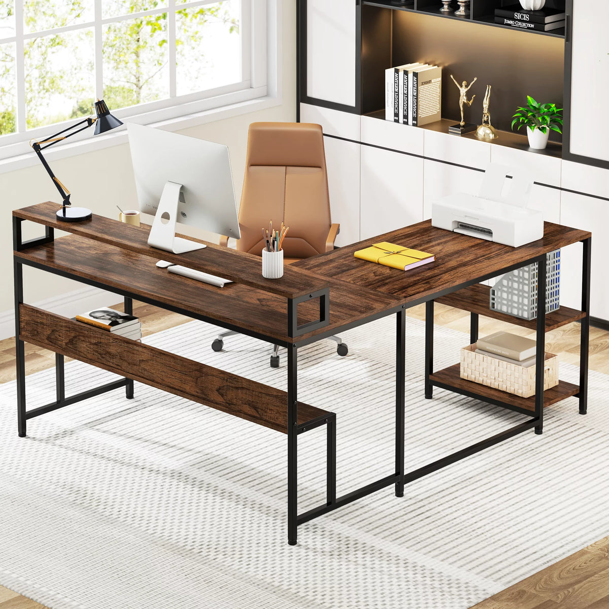 59 Inch Reversible L Shaped Corner Computer Desk with Storage Shelves L700120