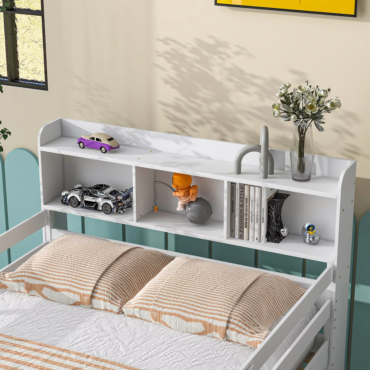 Full Over Full Bunk Beds with Bookcase Headboard Solid Wood Bed Frame with Safety Rail and Ladder White G3455