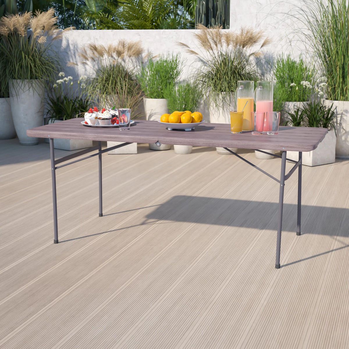 Bi-Fold Brown Wood Grain Plastic Folding Table with Carrying Handle A215