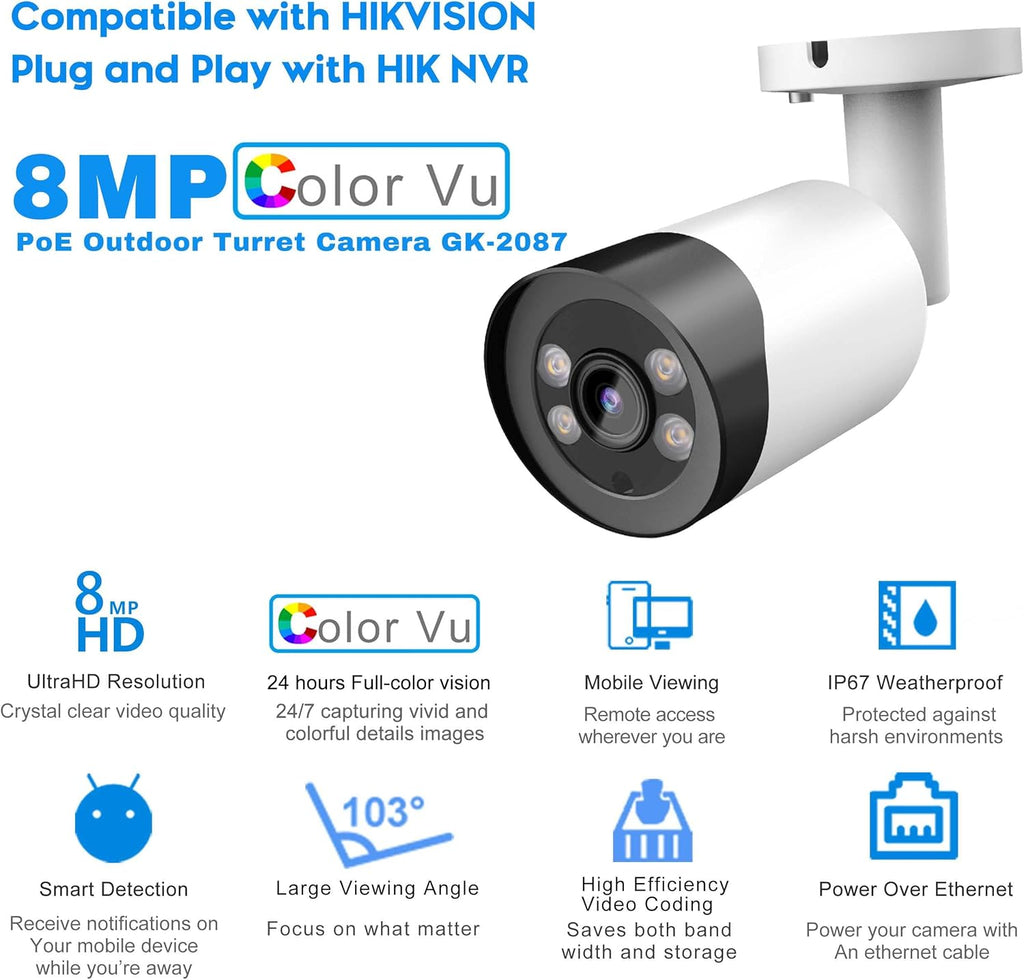 8MP Colorvu POE IP Camera with Mic, 4K Outdoor Bullet Security with 98ft Full Color Night Vision, 2.8 mm Fixed Lens, IP67 W603213