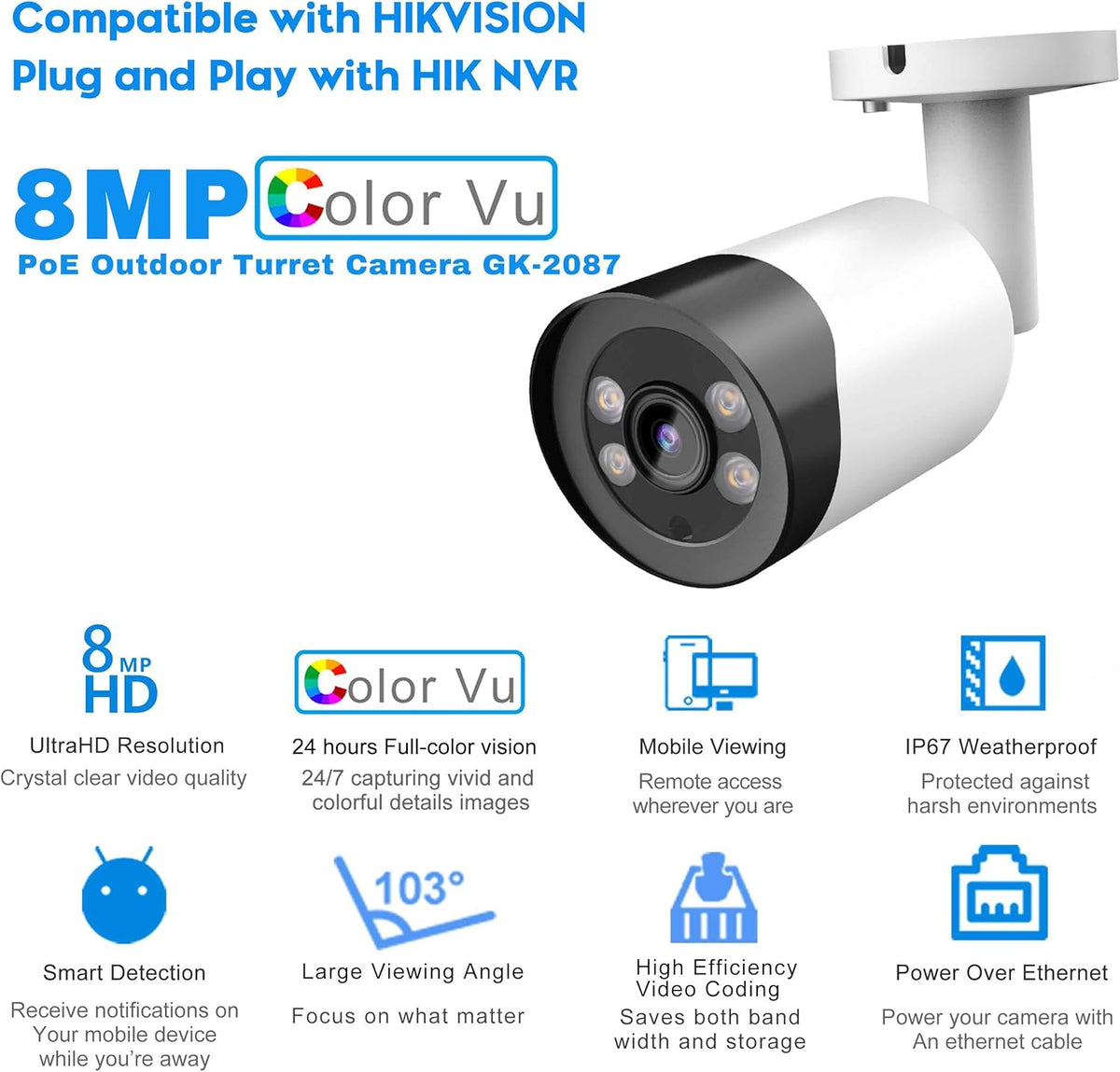 8MP Colorvu POE IP Camera with Mic, 4K Outdoor Bullet Security with 98ft Full Color Night Vision, 2.8 mm Fixed Lens, IP67 W603213