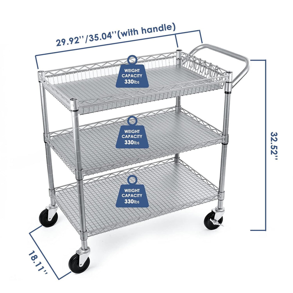 3 Tier Rolling Utility Cart with Wire Shelving M209529