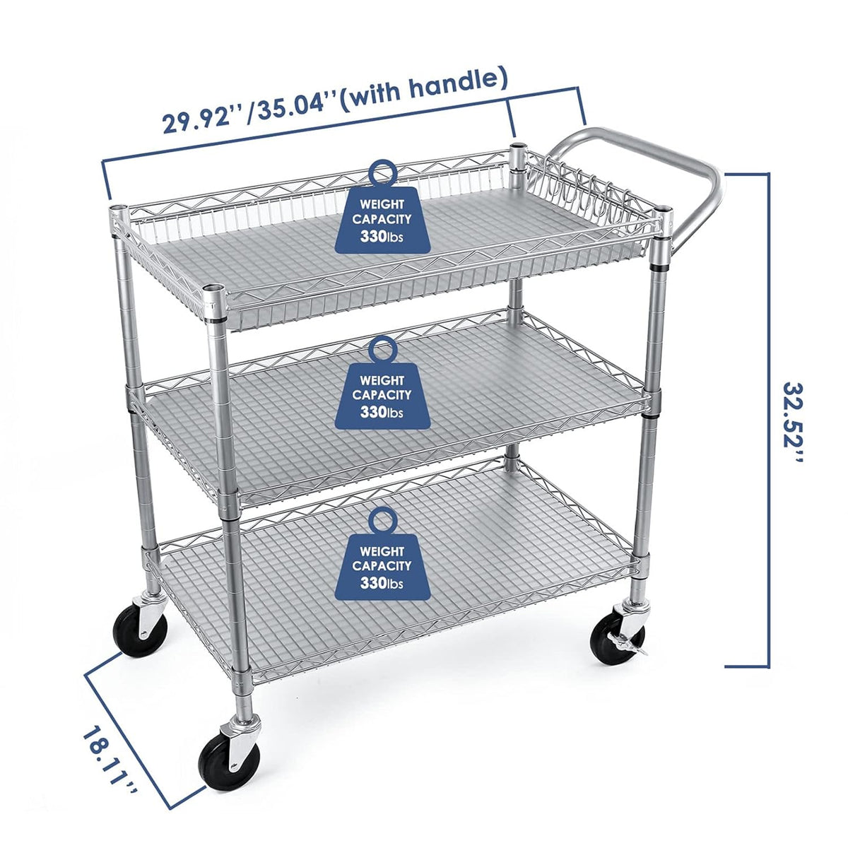 3 Tier Rolling Utility Cart with Wire Shelving M209529