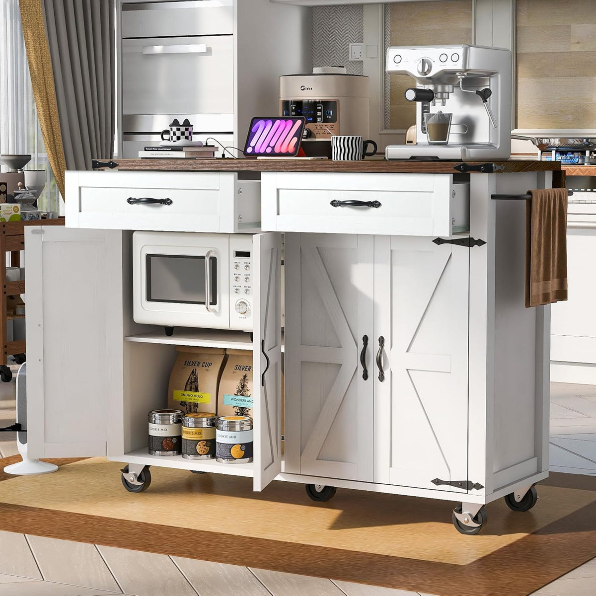 White Kitchen Island with Power Outlet, Drop Leaf and Spice Rack J506