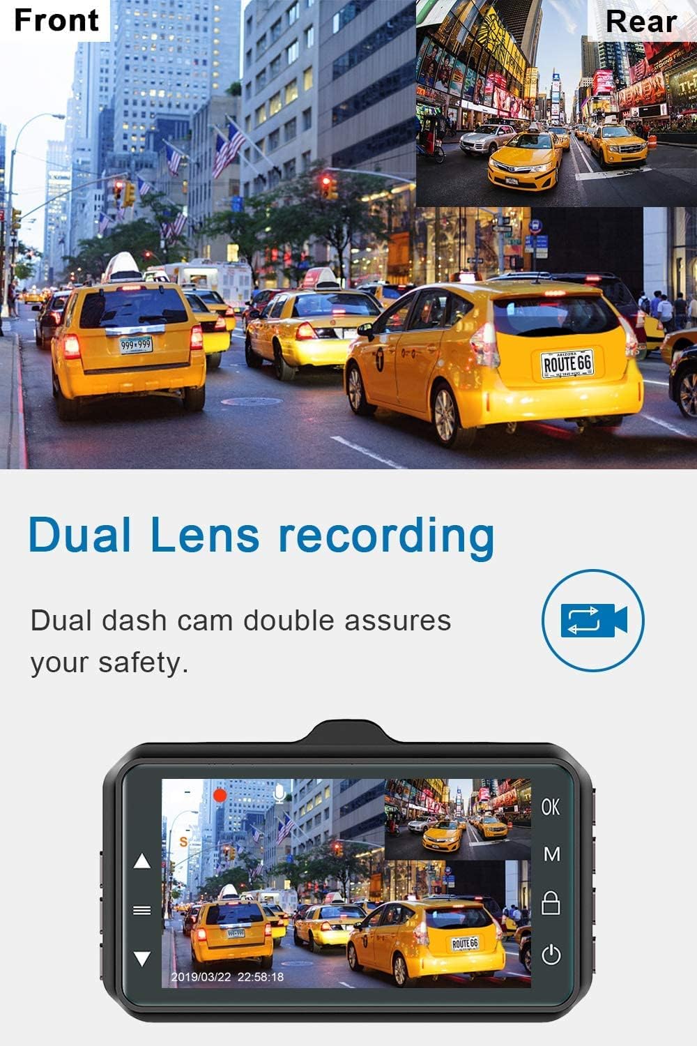 3 inch Full HD 170° Wide Angle Front and Rear Dash Cam C5111