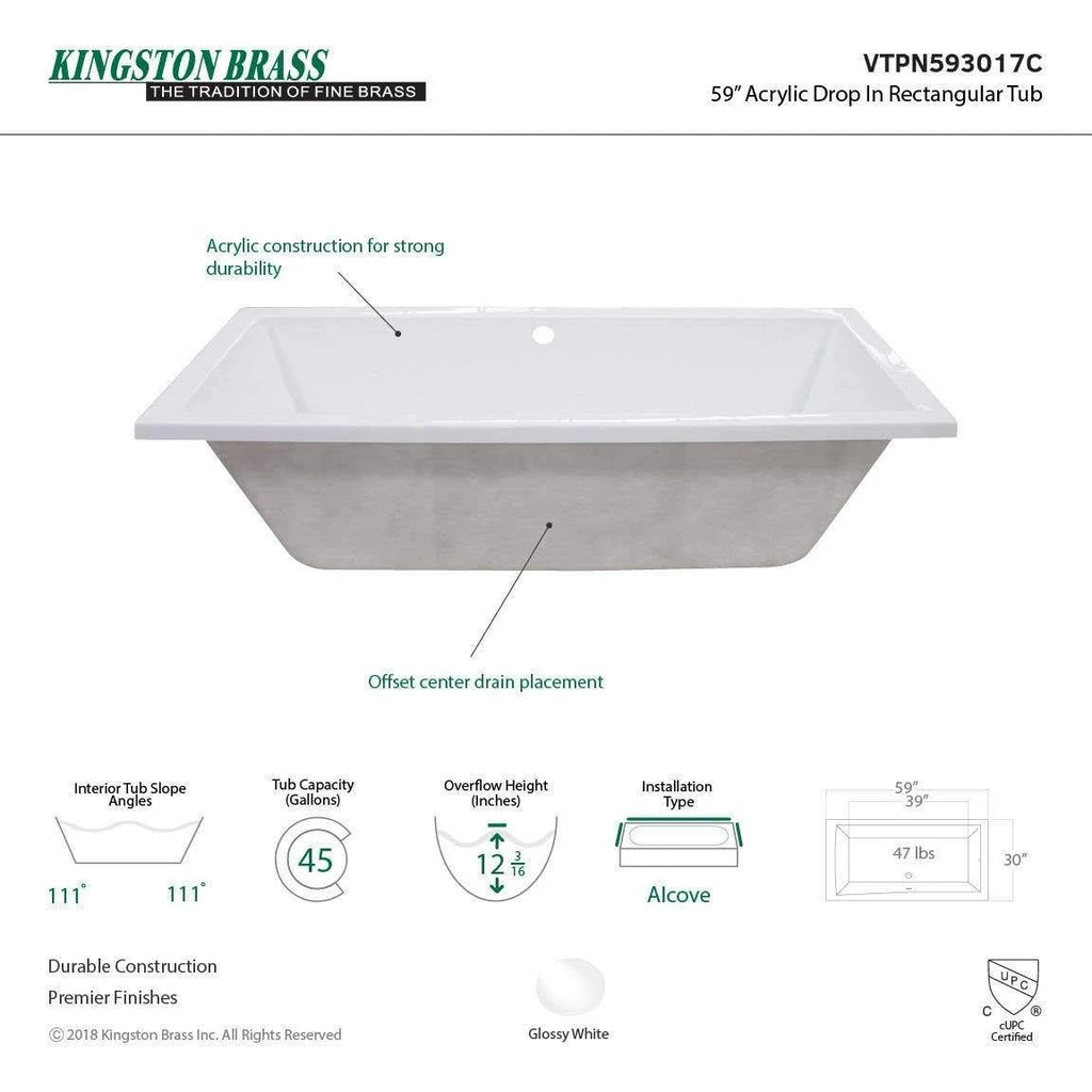White 59x22 Drop in Acrylic Soaking Tub N310