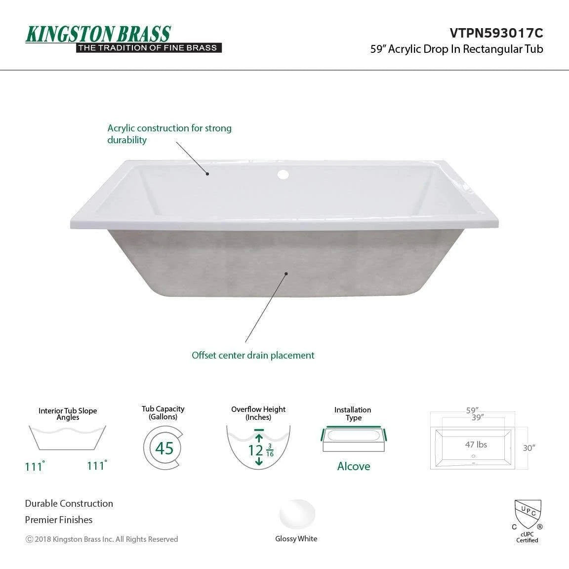 White 59x22 Drop in Acrylic Soaking Tub N310