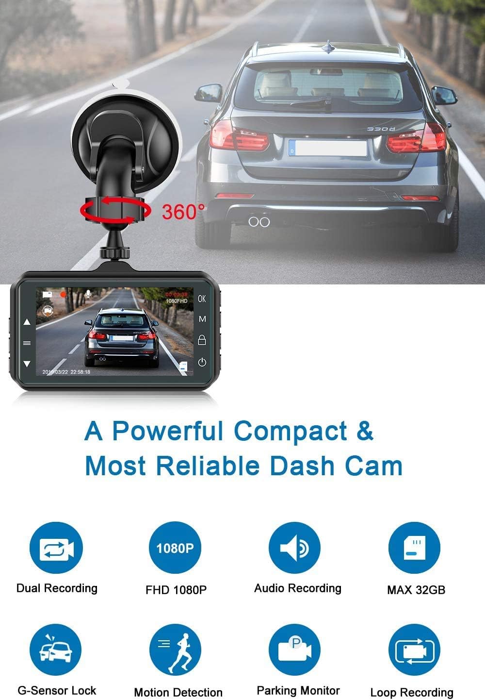 3 inch Full HD 170° Wide Angle Front and Rear Dash Cam C5111