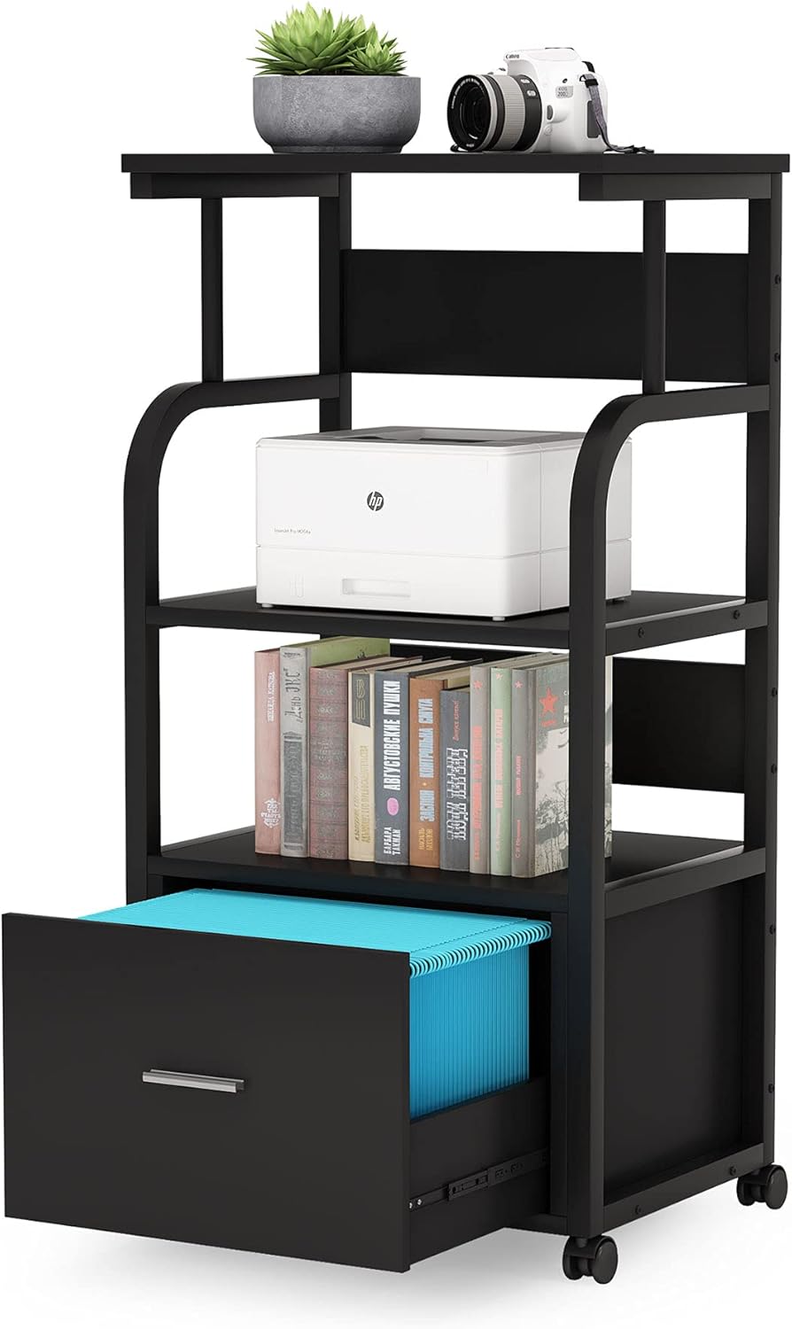 Mobile File Cabinet with Printer Shelf, 3 Tier Printer Stand with Legal Size Drawer, Rolling Filing Cabinet Printer Cart with Storage Shelves E669865