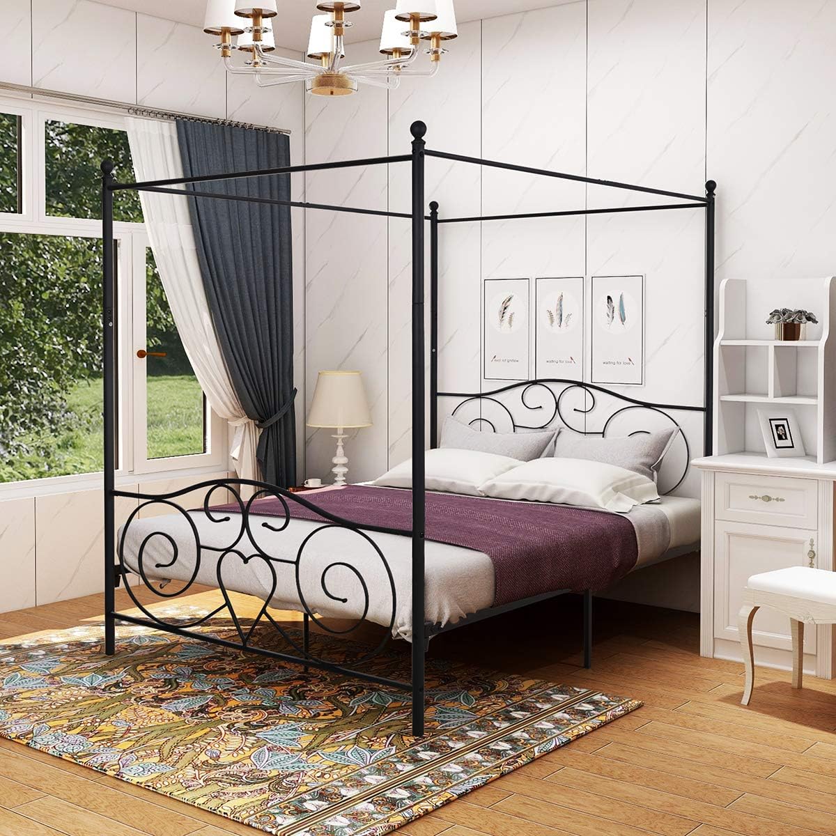 Queen Size Black Metal Canopy Bed Frame with Headboard and Footboard W17868