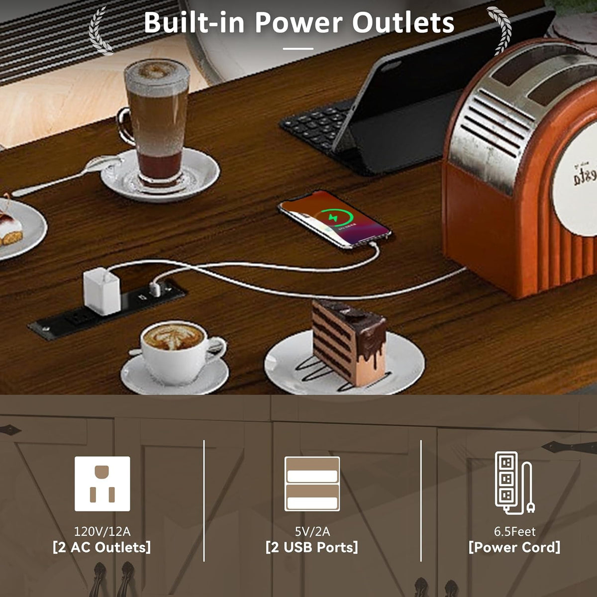 White Kitchen Island with Power Outlet, Drop Leaf and Spice Rack J506