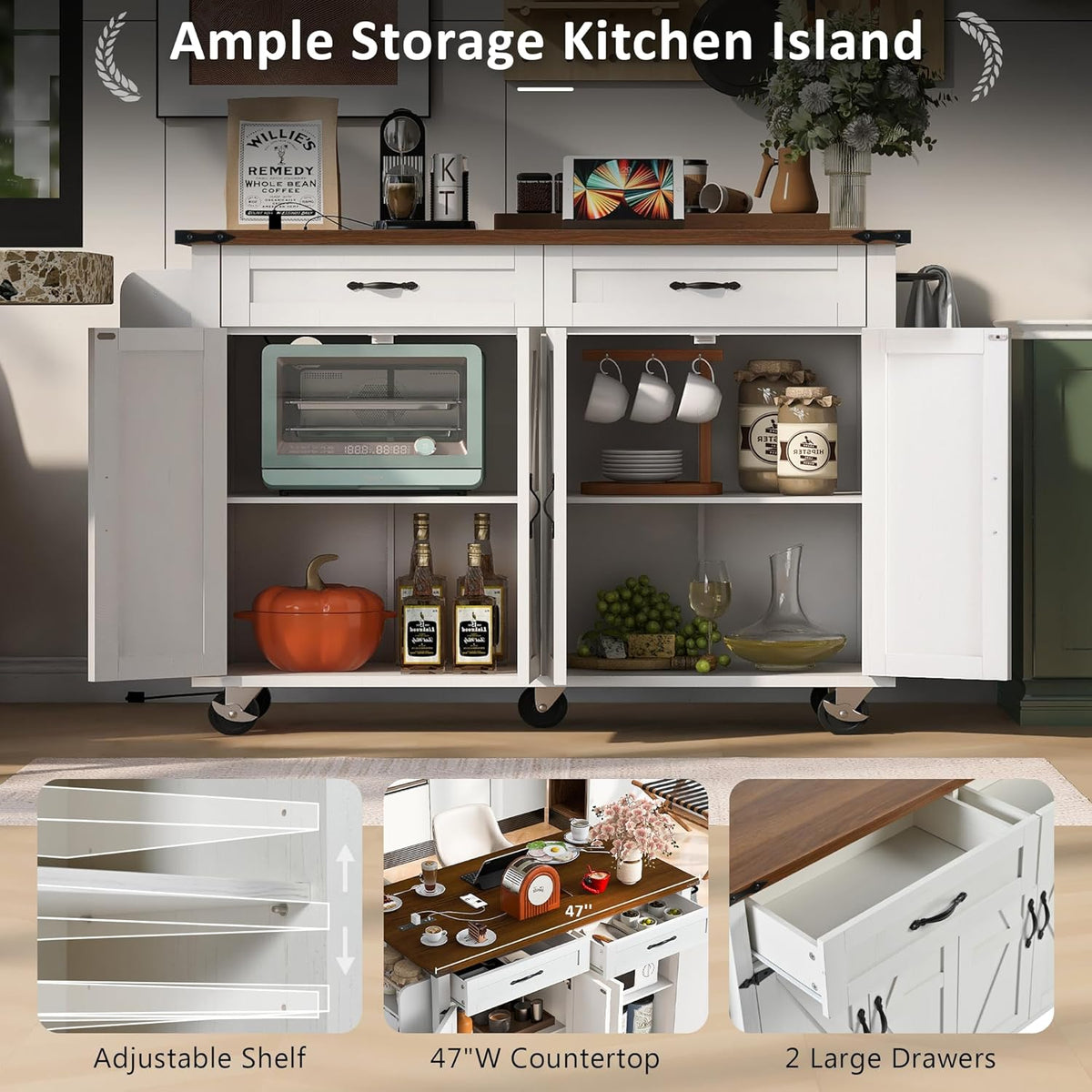 White Kitchen Island with Power Outlet, Drop Leaf and Spice Rack J506