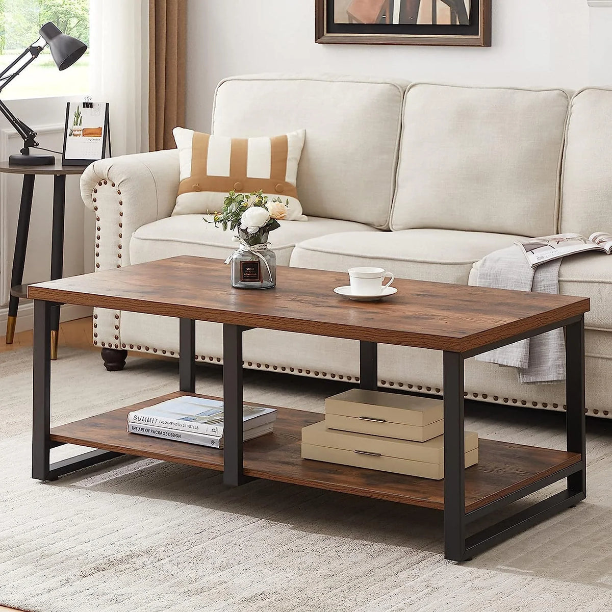 47 Inch Rustic Brown Wood Coffee Table with Storage Shelf U8701