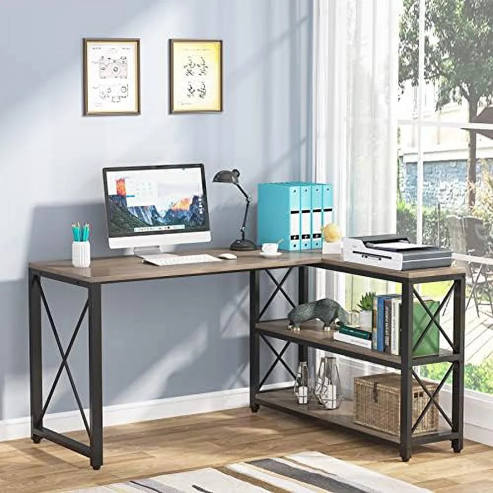 Reversible L-Shaped Corner Computer Desk with Shelves Y2426