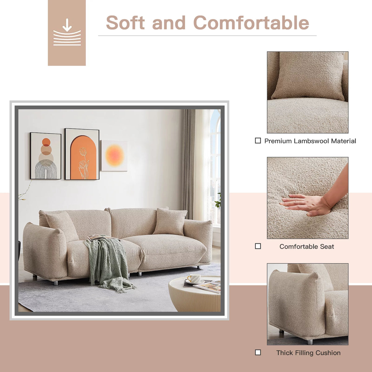 87" W Camel Lambswool 3 Seater Sofa with Metal Legs B8424