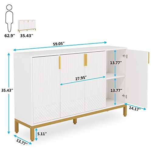 59 Inch White and Gold Buffet Cabinet with 4 Doors W7451