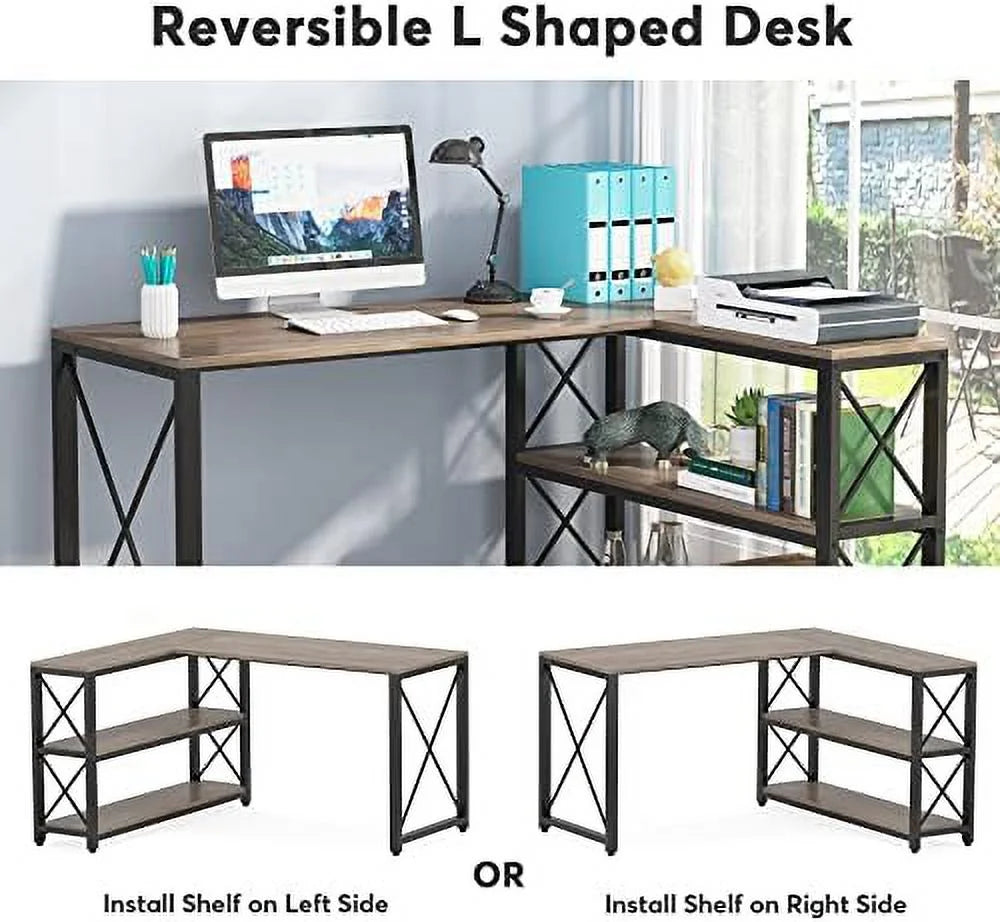 Reversible L-Shaped Corner Computer Desk with Shelves Y2426